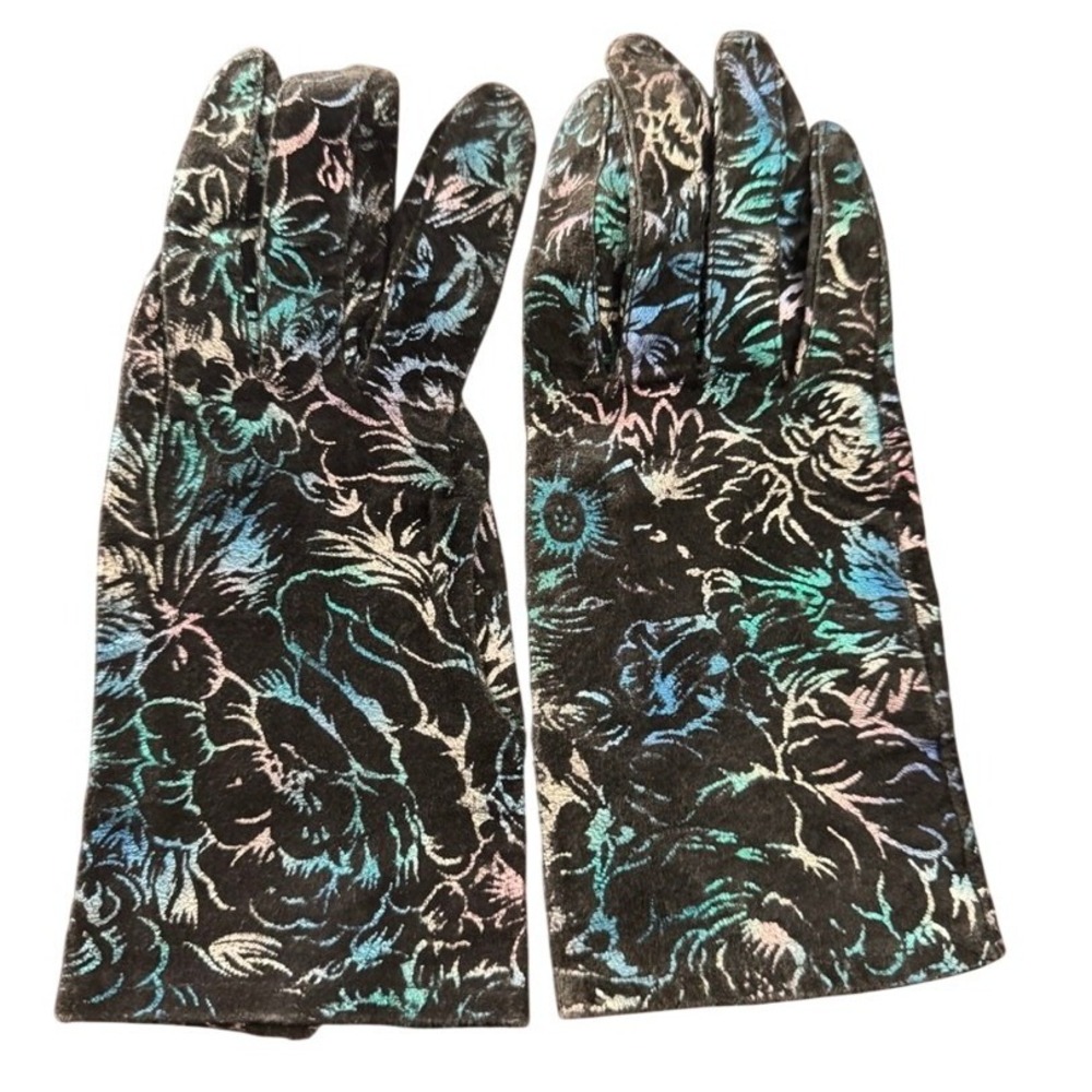 Cardinal Glove Company Black Floral Velvet Gloves Ladies M Genuine Leather
